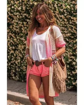 Azura Exchange Вязаный кардиган с короткими рукавами и люверсами Ombre L розовый