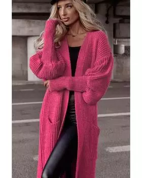 Azura Exchange Вязаный кардиган с рукавами-фонариками и боковыми карманами в виде роз XL ярко-розовый