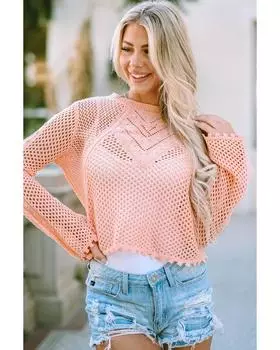 Azura Exchange Вязаный свитер с рукавами-колокольчиками и полыми люверсами XL розовый