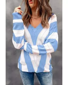 Azura Exchange Вязаный свитер с V-образным вырезом в полоску небесно-голубого цвета L небесно-голубой