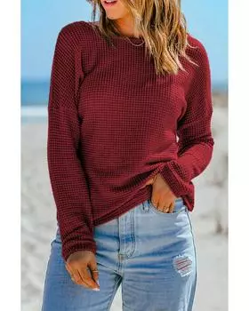 Azura Exchange Waffle Knit Drop Shoulder Long Sleeve Top S красный