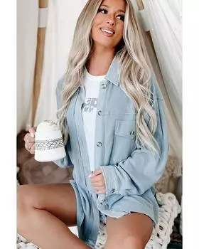 Azura Exchange Waffle Knit Pocketed Button-Up Shacket L небесно-голубой