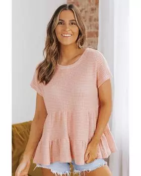 Azura Exchange Waffle Knit Tiered Sleeve Blouse L телесный