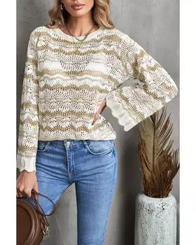 Azura Exchange Вязаный свитер с волнистыми полосками и фестончатым краем L хаки