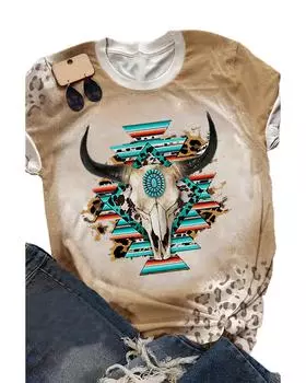 Azura Exchange Western Aztec Print Crewneck T-Shirt M хаки