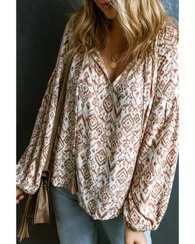 Azura Exchange Western Print Balloon Sleeve Tassel Blouse M абрикосовый