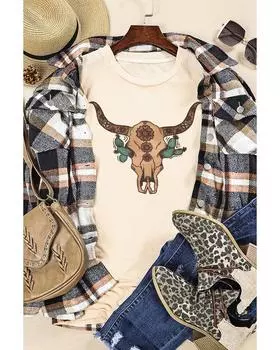 Azura Exchange Western Steer Skull Graphic Print T-Shirt M хаки