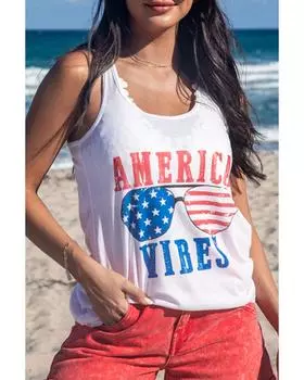 Azura Exchange White AMERICA VIBES Sunglasses Graphic Print Racerback Tank Top XL белый