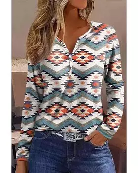 Azura Exchange Белый топ с длинными рукавами и геометрическим принтом ацтеков S белый