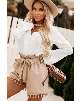 Azura Exchange White Buttoned Tassel Bell Sleeve Shirt L белый