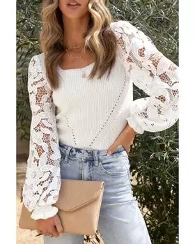 Azura Exchange White Crochet Lace Sleeve Ribbed Knit Sweater L белый