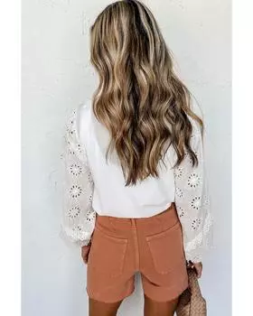 Azura Exchange White Eyelet Lace Puff Sleeve Split Neck Blouse L белый