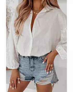 Azura Exchange White Eyelets Embroidered Puff Sleeve Buttoned Shirt L белый