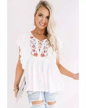 Azura Exchange White Floral Embroidered Ruffled Lace-up V Neck Top L белый