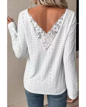 Azura Exchange White Floral Lace Splicing Eyelet Long Sleeve Top L белый