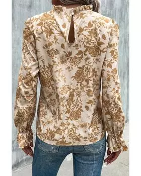 Azura Exchange Белая блузка с цветочным принтом, оборками на горловине и рукавами-воланами M белый