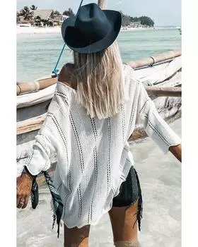 Azura Exchange Белый вязаный свободный свитер с V-образным вырезом и ажурными деталями M белый