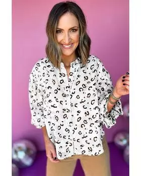 Azura Exchange White Leopard Print Button up Ruffled Sleeve Shirt M белый