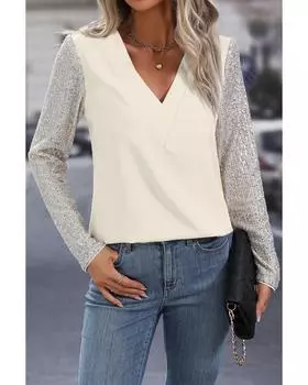 Azura Exchange White Sequined Sleeves Patchwork V Neck Blouse M белый