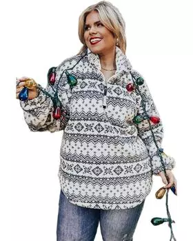 Azura Exchange White Sherpa Geometric Print Quarter Zip Plus Size Pullover 3X белый