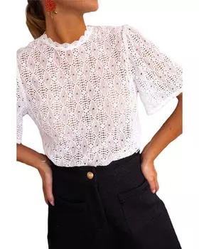Azura Exchange White Short Sleeve Keyhole Back Lace Blouse XL белый