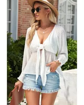 Azura Exchange White Textured Tie Front Peplum Blouse 2XL белый