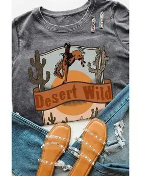 Azura Exchange Wild Cowboy Cactus Print Graphic Tee XL серый