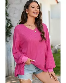Azura Exchange Ярко-розовая вафельная блузка с V-образным вырезом, длинными рукавами и заниженной линией плеч M яркий розовый