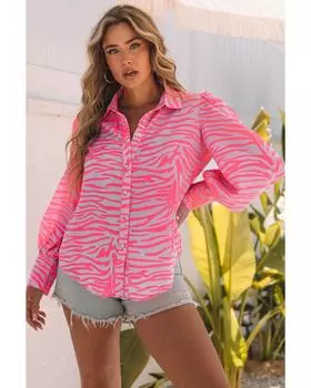 Azura Exchange Zebra Stripes Lantern Sleeve Shirt S розовый