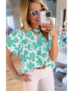 Azura Exchange Зеленая блузка с цветочным принтом, рукавами-фонариками и оборками на горловине S зелёный