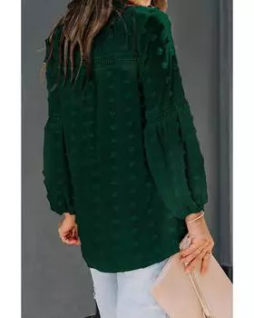 Azura Exchange Зеленая кружевная блузка в горошек с оборками и разрезом на горловине, ажурными рукавами-фонариками L зелёный