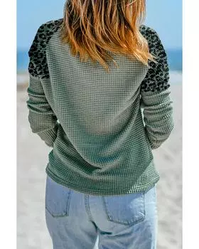 Azura Exchange зеленая леопардовая вафельная трикотажная блузка на пуговицах с V-образным вырезом S зелёный