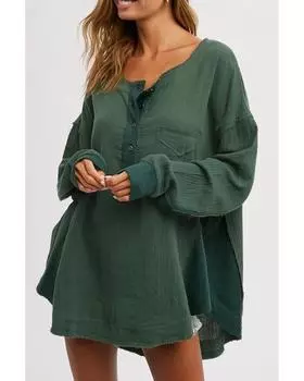 Azura Exchange Зеленая текстурированная вафельная трикотажная блузка с застежкой на пуговицы и свободным воротником M зелёный