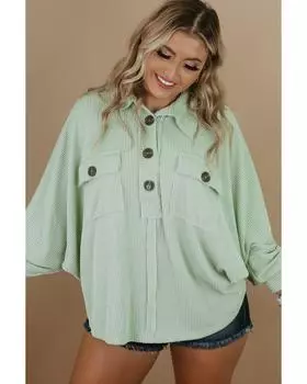 Azura Exchange Зеленый плюс размер ребристый карманный топ с длинными рукавами Henley 1X зелёный