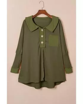 Azura Exchange Зеленый вафельный трикотажный топ с длинными рукавами на пуговицах XL зелёный