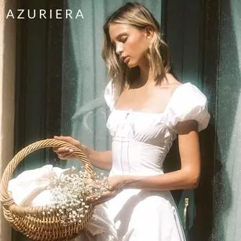 Azuriera French Dress Cotton Puff Sleeves White M