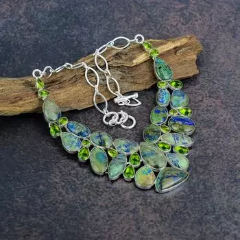 Азурит, драгоценный камень перидот ювелирное ожерелье из цельного серебра 925 пробы ювелирные изделия для женщин, ручная работа изящное ожерелье Adjustable with 18 inches зелёный