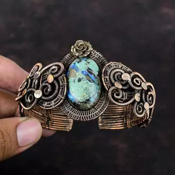 Азурит Малахит Драгоценный камень Браслет-манжета Медная проволока Обернутый браслет Цветочный браслет Ювелирные изделия ручной работы Регулируемый браслет-манжета Подарок на помолвку