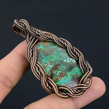Азурит, малахит, драгоценный камень, медная проволока, кулон ручной работы, ювелирный подарок для нее 3.03 Inches зелёный