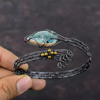 Azurite Gemstone Bangle Copper Wire Wrapped Cuff Bracelet Adjustable Bangle Handmade Bracelet Gift For Him Amazing Copper Wire Wrap Jewelry