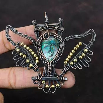 Azurite Malachite Pendant Copper Wire Wrapped Pendant Gemstone Owl Pendant Handmade Copper Jewelry Unique Pendant Wire Wrap Jewelry For Gift