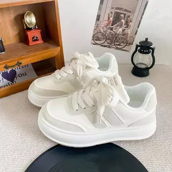 B1101 latex insole/thick sole big head board shoes women s 2024 new spring and autumn popular round head bread shoes little white shoes 35 бежевый