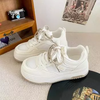 B1612 latex insole/double insole thick baseplate shoes round head white shoes summer breathable mesh heightening bread shoes 35 бежевый