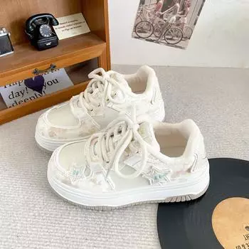 B1626 velvet platform white shoes women s shoes winter cotton shoes round head board shoes 2024 new niche bread shoes 35 розовый