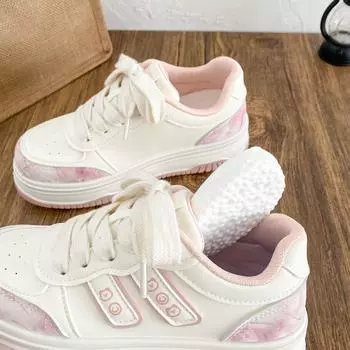 B1630 latex insole/love bar design thick-soled little white shoes women s 2025 spring new leather board shoes 35 бежевый