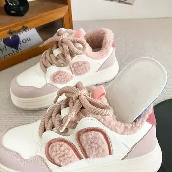 B2107 velvet rabbit ears niche thick baseplate shoes women s winter warm little white shoes 2024 new breadboard shoes 35 розовый