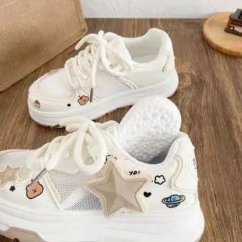 B2112 latex insole/star printing thick baseplate shoes women s shoes niche design 2025 new round head casual shoes 35 бежевый