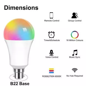 B22 Base UK TUYA Wifi Smart Bulb Bluetooth lamps Led RGB Smart Light 220V Alexa Google Assisatnt Voice Control Timing APP Group Yes