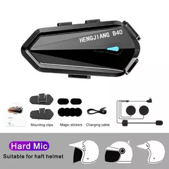 B40 Гарнитура для мотоциклетного шлема, 1600 мАч, длительный срок службы, HIFI, стереофоническое голосовое управление, Bluetooth, громкая связь, IPX7, водонепроницаемая окружающая подсветка для мотодомофона Hard Mic чёрный