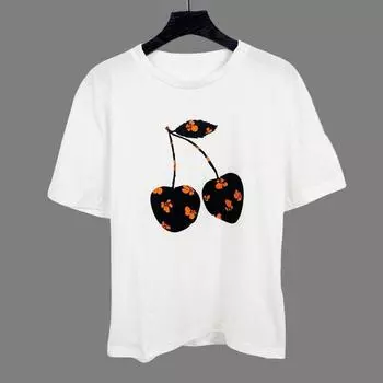 B6054 Экспорт Новое поступление Женская футболка с принтом вишни, круглым вырезом и короткими рукавами K-style Повседневная Легче всего сочетать Студенческие топы White S